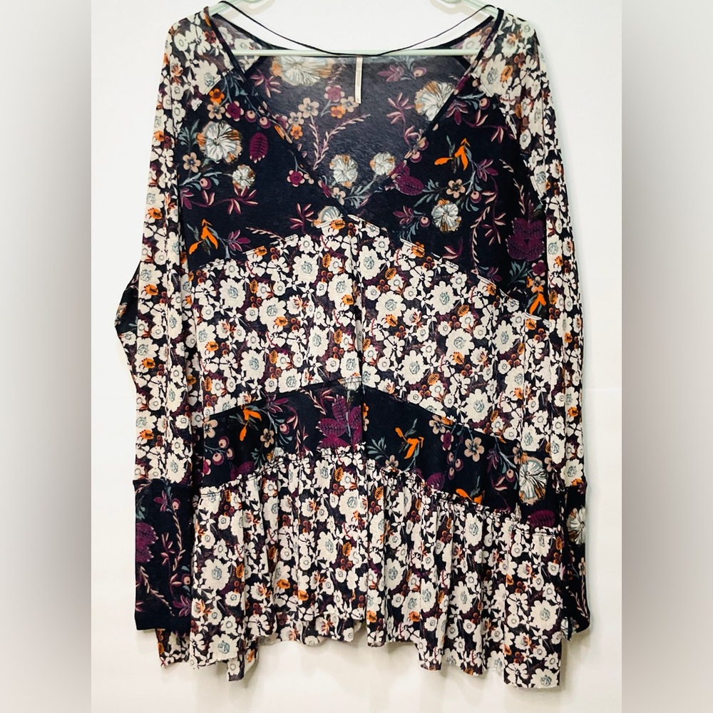Free People Patchwork Floral Tiered Boho Tunic Top Black Cream Purple XS